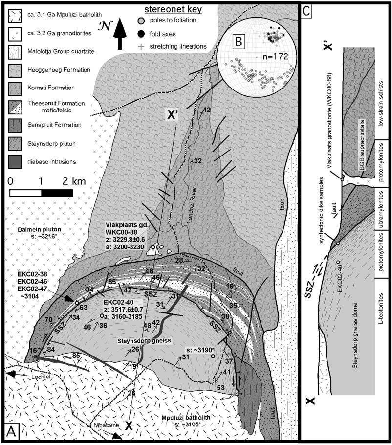 Figure 6. (a) Geologic map of the Steynsdorp antiform, compiled from this study, Anhaeusser [1983], Kröner et al. [1996], and Kisters and Anhaeusser [1995b].
