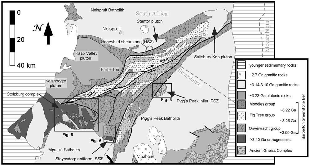 Figure 2. Geologic map of the Barberton greenstone belt and adjacent orthogneiss basement rocks, with features from the text labeled.
