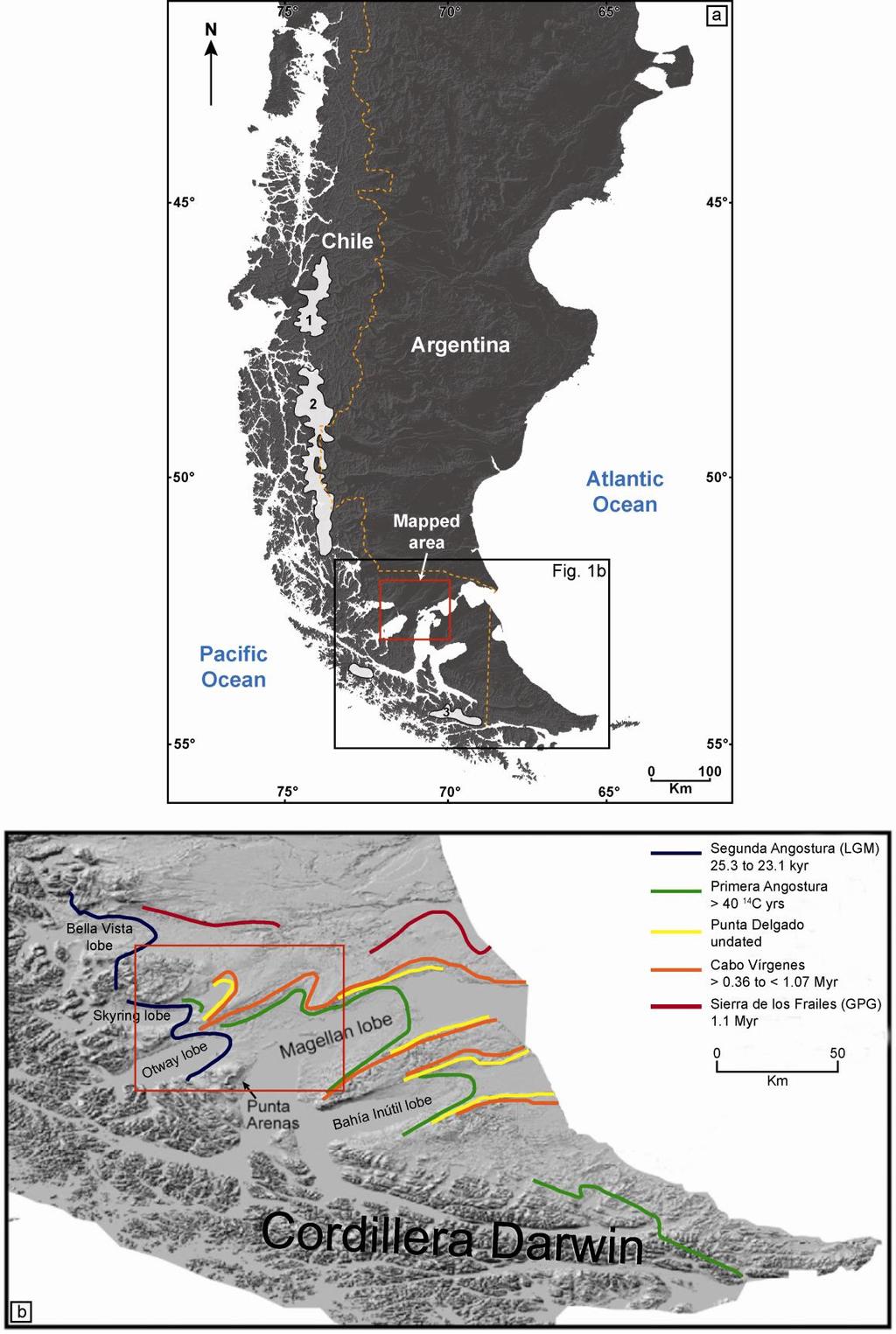 Figure 1 (a) Location of the mapped area in the Strait of Magellan region, southernmost Patagonia.