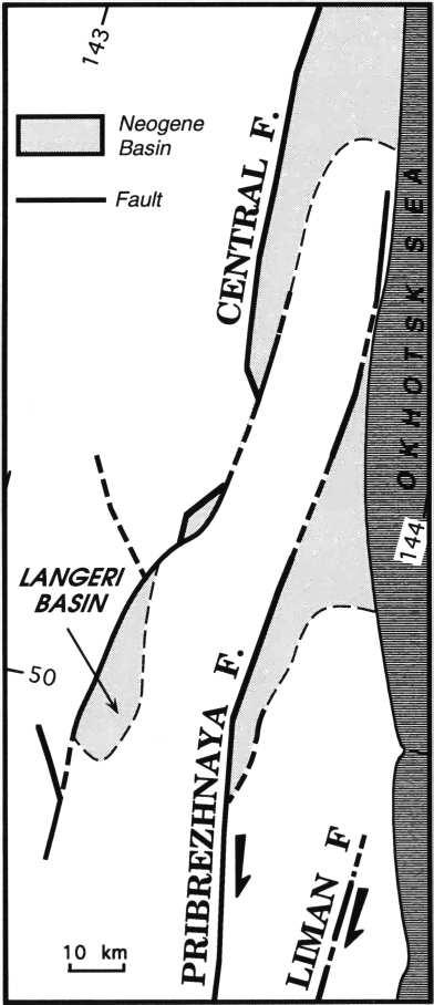 FOURNIER El' AL.: NEOGENE DEXTRAL MOTION IN SAKHALIN AND JAPAN SEA 2719 Neogene Basin Fault % % LANGERI BASIN 10 km,, Fig. 16.
