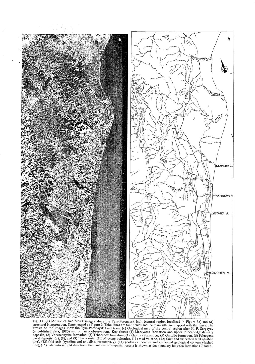 Fig.. (o) Mosaic of two SPOT images along the Tym-Poronaysk fault (central region localized in Figure 3c) and (b) structural interpretation. Same legend as Figure 9.
