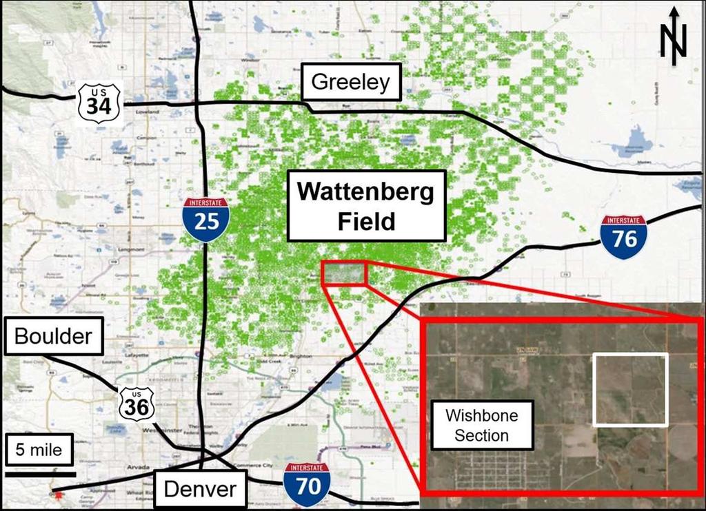 Figure 1.1: Map of Wattenberg Field showing the location of Wishbone section where 11 horizontal wells were stimulated in the Niobrara and Codell intervals.