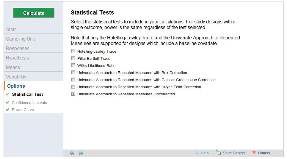Leave the box checked in the Confidence Interval Options screen, and click forward to continue to the next screen. Power analysis results are best displayed on a graph.