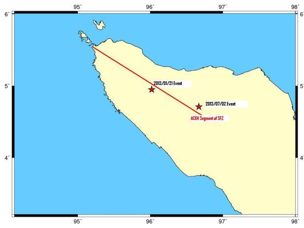 and 2 July 2013 (Mw=6.1) were the recent strong earthquakes that occurred on Aceh segment. Figure 2 shows centroid epicenter for the both earthquakes.