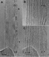 Bottom left: HRTEM image showing isolated SWCNT as well as bundles of such tubes covered with amorphous carbon. The isolated tubes shown are approximately 1.2 nm in diameter.
