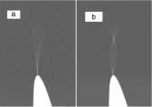 FIGURE 19.8 Scanning electron microscope (SEM) images of electric field-induced resonance of an individual MWCNT at its fundamental resonance frequency (a) and at its second-order harmonic (b).