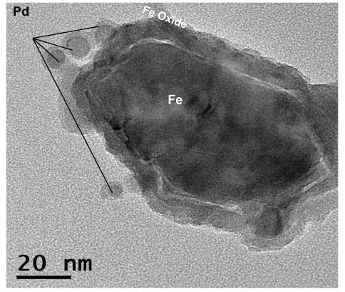Figure 1. TEM image of iron metal-core oxide-shell NP doped with Pd before the hydrogen reduction process. Individual Pd nanoparticles are readily observed mostly on the outside of the iron NP shell.