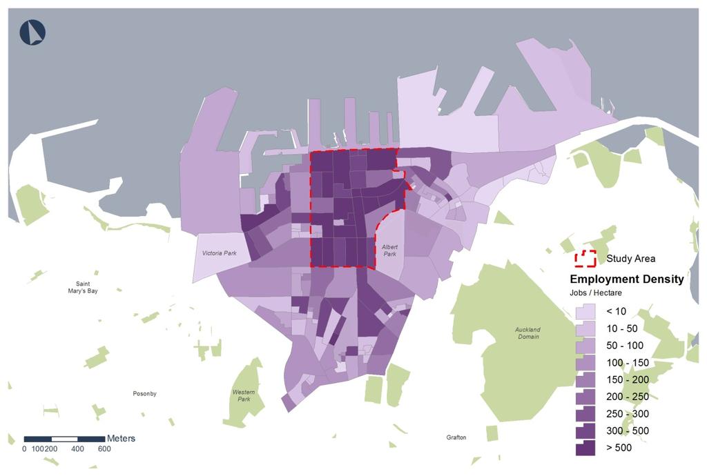Figure 7: Employment density in the Auckland city centre Source: Infometrics 2015 employment by MB, Statistic New Zealand (2013) MB area hectare The study area is the knowledge hub of the Auckland
