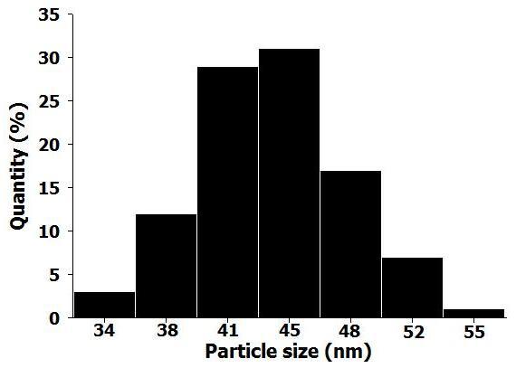 Figure 2 (b). (a) Figure 2: TEM image (a) and histogram of particle size distribution (b) of silica nanoparticles obtained under optimal conditions. (b) 4.