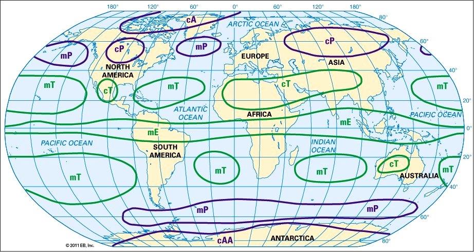 The primary classification of air masses is based on the characteristics of the source region, giving Arctic (A - over arctic regions), Polar (P - farther from the poles, i.e. Siberia, Canada, northern Atlantic and Pacific Oceans) or Tropical air (T - in the tropics), and on the nature of the surface in the source region : continental (c) or maritime (m).