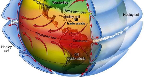 Around 30º latitude, the sinking air associated with the trade winds creates a belt of high pressure that in turn causes