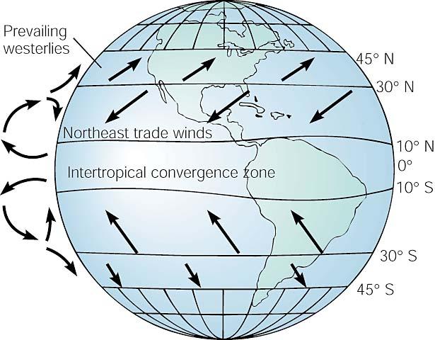 Part of the generalized global circulation pattern of the earth's atmosphere.