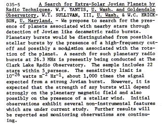 Nothing New Under the Sun A Search for Extra-Solar Jovian Planets by Radio Techniques (Yantis, Sullivan, & Erickson 1977) Soon after recognition that Saturn also intense radio source