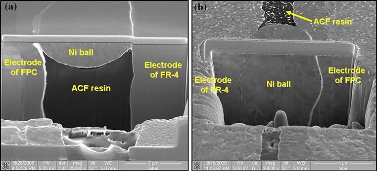 1006 Kim and Paik Fig. 4. The deformation of conductive Ni particles in ACFs at the ENIG-finished RS FS bonding and the OSP-finished RS FS bonding ACF joints by FIB cross-sectional analysis. Table II.