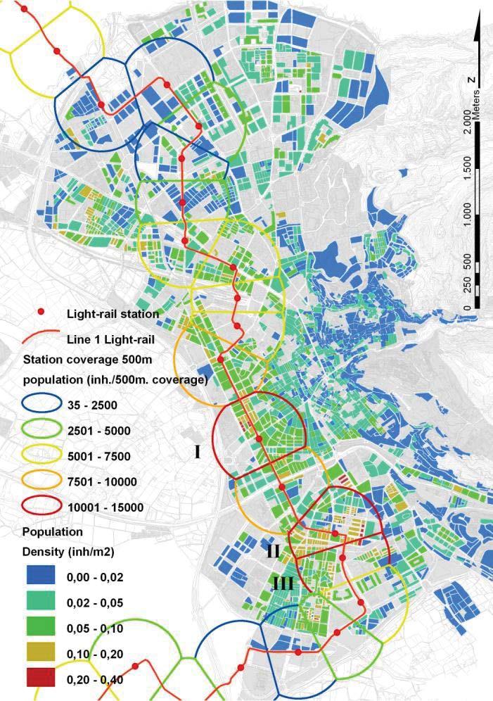 Map 2: LRT station coverage and population. on one hand, the measure of local integration provides information about the main streets of pedestrian movement.