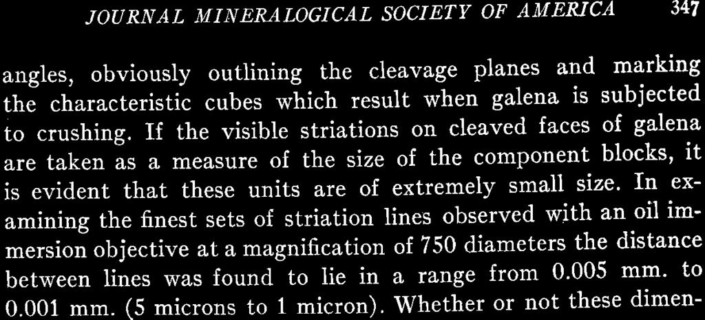 JO(JRNAL MINERALOGICAL SOCIETY OF AMERICA 347 angles, obviously outlining the cleavage planes and marking the characteristic cobes which result when galena is subjected to crushing.
