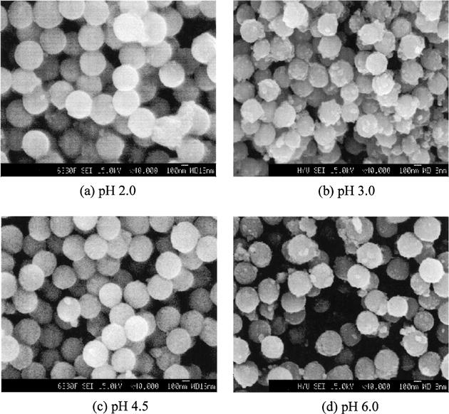 Deposition of Titania Nanoparticles on Spherical Silica 491 Figure 2. SEM images of the titania-coated silica with the various ph.