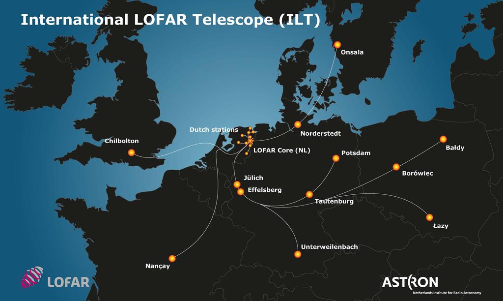 The International LOFAR Telescope (ILT) Europe- wide radio interferometry array @ 10-270 MHz Offers unprecedented resolution, sensitivity, and