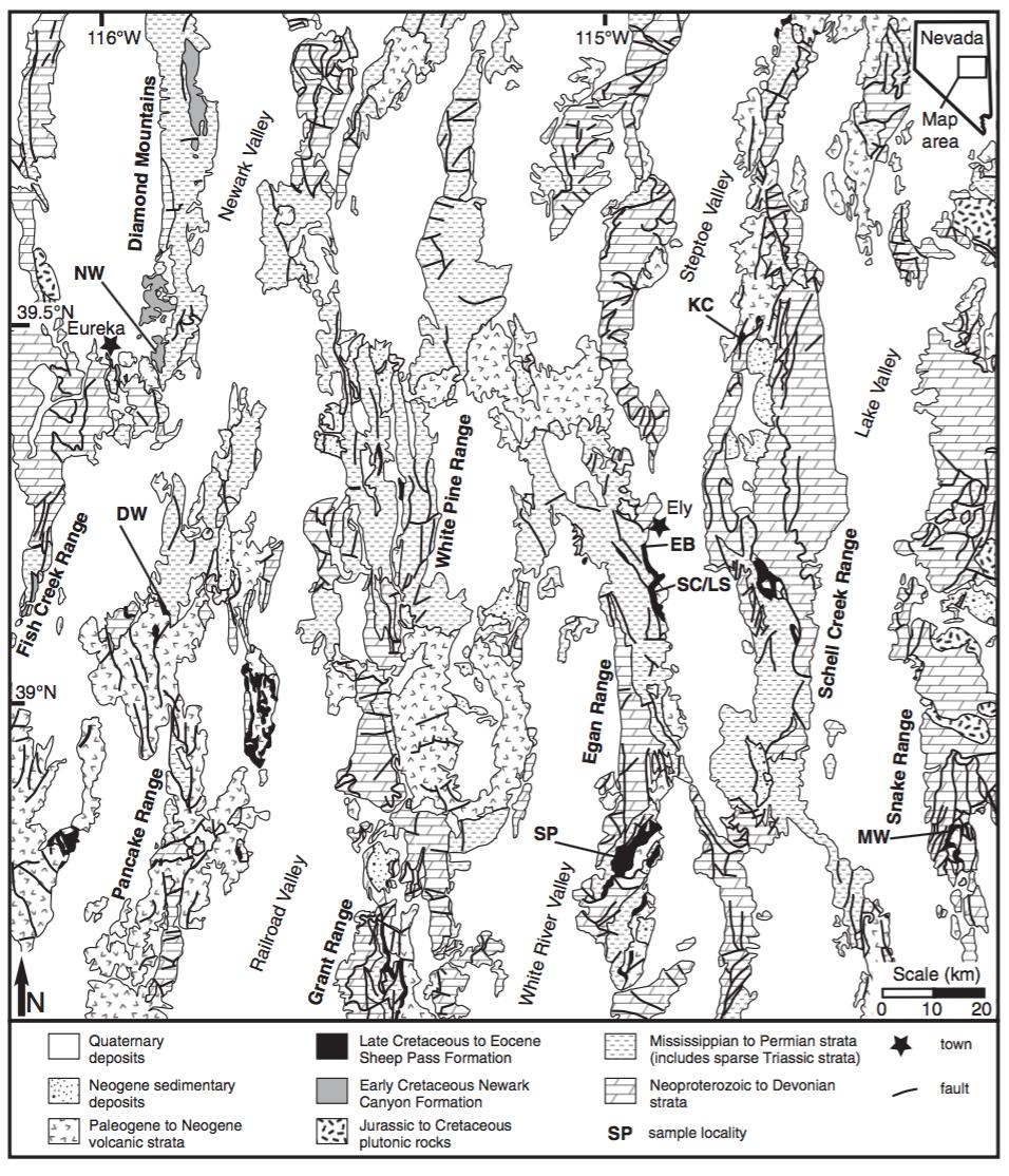 Figure 4: Figure 2. General geologic map of east-central Nevada, modi- fied from Stewart and Carlson (1977).