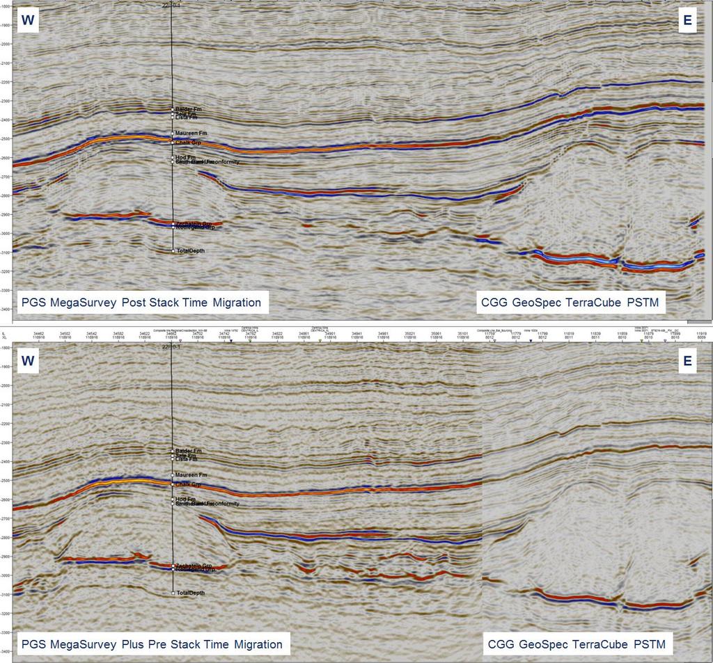 Figure 3 Comparison of PGS MegaSurvey (top), PGS MegaSurvey Plus (bottom) and CGG GeoSpec TerraCube seismic data quality.