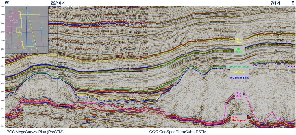Figure 5 E-W composite seismic line through the Esk prospect and wells 22/10-1 and 7/1-1.