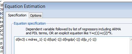 Estimating an error correction model In the equation dialogue box enter the variables in