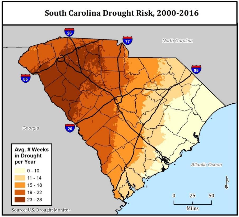 Figure 3. South Carolina s average number of weeks in drought per year Weekly designations were obtained from the United States Drought Monitor (http://droughtmonitor.unl.edu/) for 2000-2016.