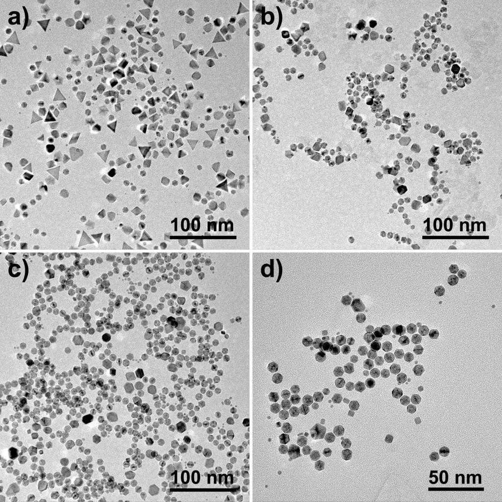Figure S7. TEM images on the effect of reaction time on the formation of Pt Pd NIs. The reaction temperatures were (a) 0.5 h, (b) 1 h, (c) 2 h, and (d) 4 h.