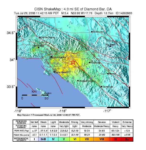 INTRODUCTION On Tuesday, July 29, 2008 at 11:42:15 AM a magnitude M w 5.4 struck the Greater Los Angeles Area in Southern California. The epicenter of the earthquake was at a depth of 14.7 km at 33.