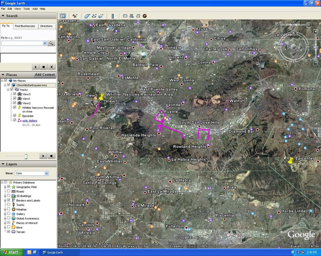 Figure 3: Snapshot of the track records of reconnaissance areas in Google Earth (ChinoHillsEarthquake.