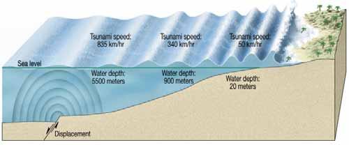 Earthquake destruction Tsunamis, or seismic sea waves In the open ocean height is usually less than 1 meter In shallower coastal waters the