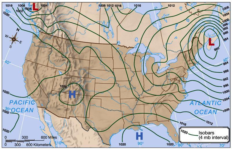 Mapping Atmospheric Pressure Isobars: lines of equal atmospheric pressure In this weather map, green lines are isobars of sea level atmospheric pressure distribution.