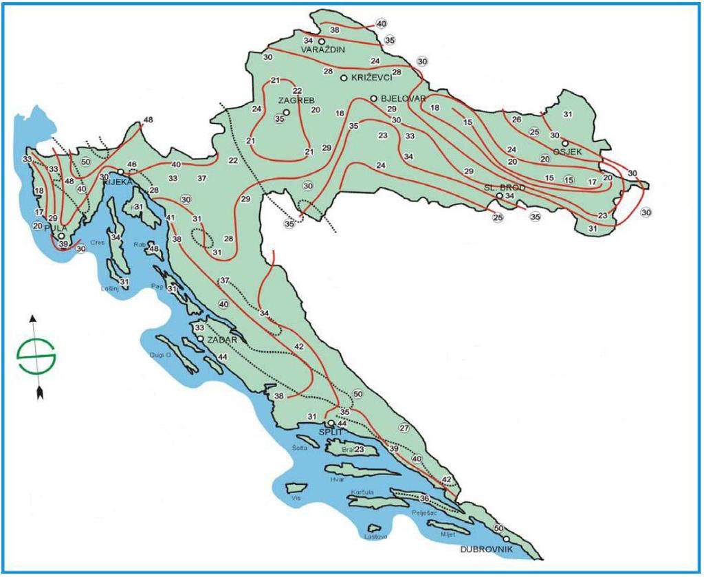 Isokeraunic map of Croatia ITALY HUNGARY BOSNIA AND HERZEGOVINA