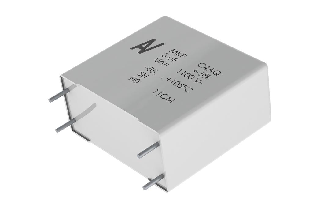 Printed Circuit Board Mount Power Film Capacitors C4AQ, Radial, 2 or 4 Leads, 500 -,500 VDC, for DC Link (Automotive Grade) Overview Applications C4AQ capcitors are polypropylene metallized film with