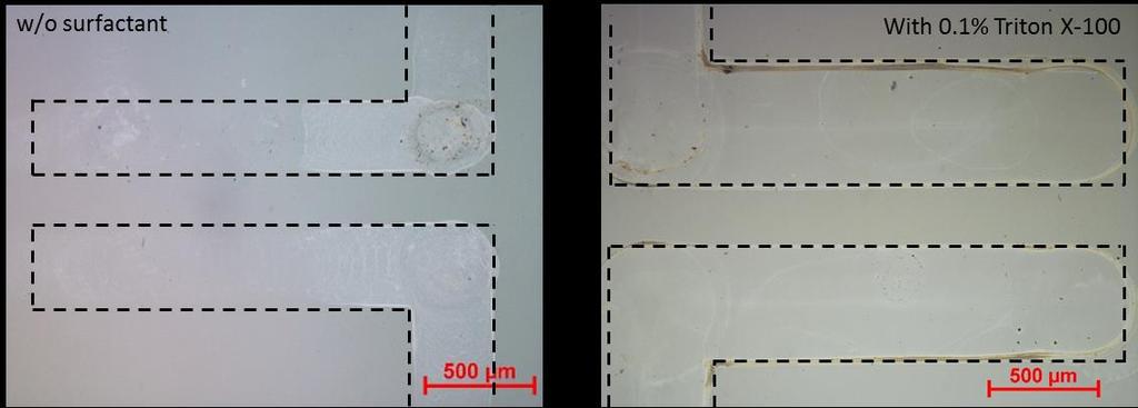 S4. CNT patterns printed on PDMS using inks with and without Triton X-100 Figure S4 presents the optical micrographs of CNT features printed on PDMS using inks without surfactant (left) and with 0.