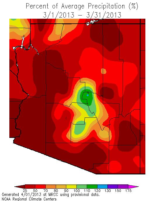 Precipitation was near average only in eastern Maricopa, northwestern