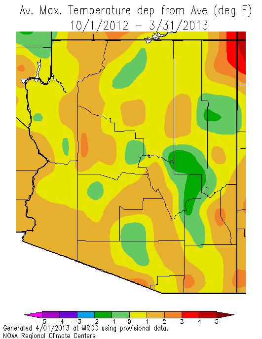 Maximum temperatures are generally 0-2 o F warmer than normal, with slightly cooler temperatures in eastern Gila County.