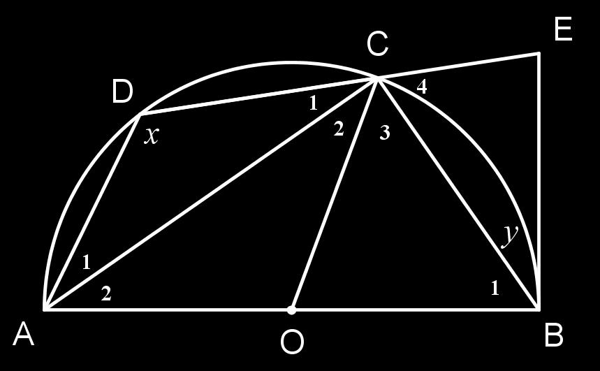 Page 12 of 24 (b) In the diagram below, EB is a tangent to the semi-circle with centre O passing through A, B, C and D. DC produced meets the tangent at E.