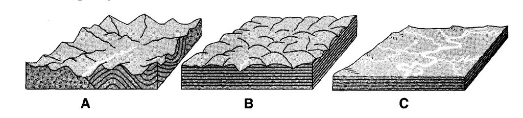 10. The block diagrams below, labeled A, B, and C, show the relative elevation and rock structure of three different landscape regions.