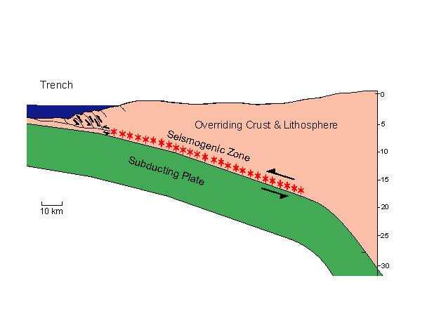 Seismogenic Zone The biggest earthquakes occur in subduction zones at depths of ~20-50km (12-30 miles) The Seismogenic
