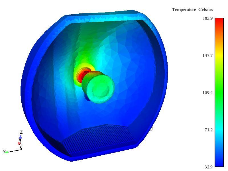 T in C T hot spot = 34,1 C Figure 6: measured and computed temperature distribution on the outer side of the glass plate (coupled simulation).