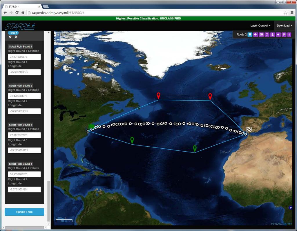 Figure 3 (above) Screenshot of the latest STARS+ user interface (UI) showing an example route for an oiler ship on a voyage between Norfolk and Gibraltar beginning 02 October 2014.