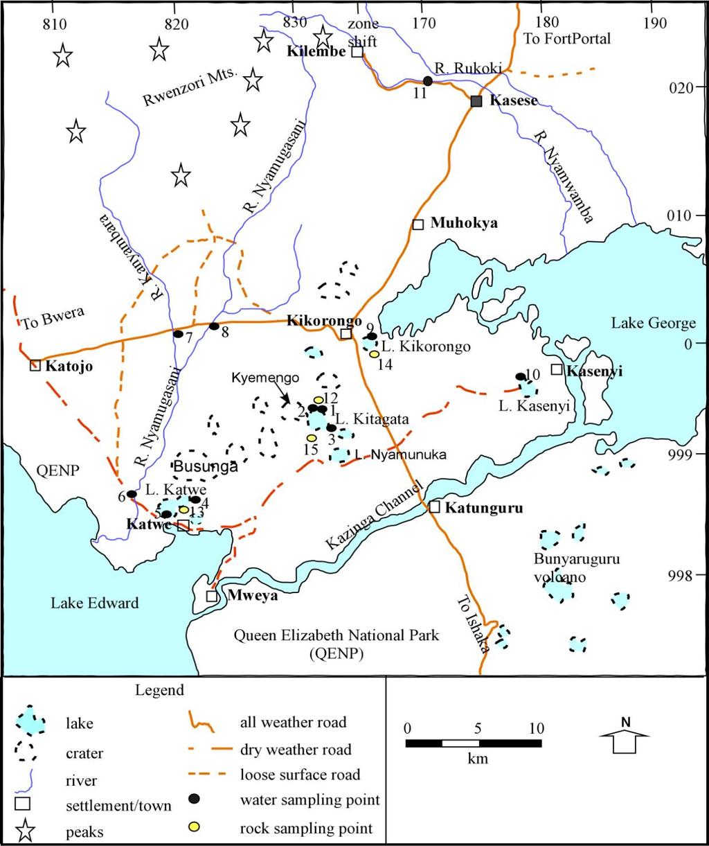 Figure 2: Katwe and surroundings. Geothermal, surface and ground water sampling points.