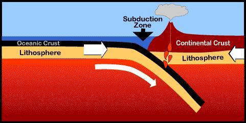 The process of denser oceanic crust colliding with either oceanic