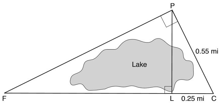 16 In the diagram below, the line of sight from the park ranger station, P, to the lifeguard chair, L, on the beach of a lake is perpendicular to the path joining the campground, C, and the first aid