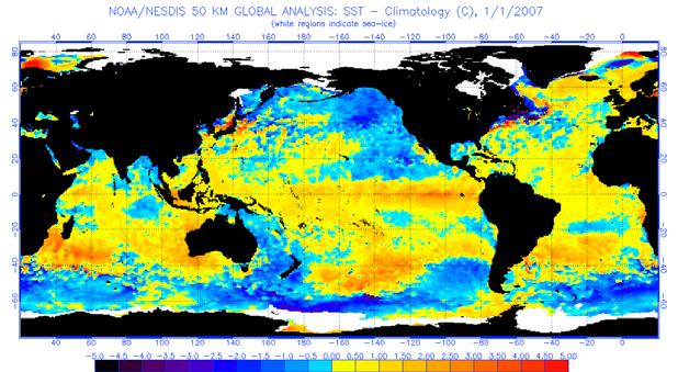 Figure 29. Satellite image of ocean temperature, 2006, showing continued entrenchment of the PDO cool cycle in the eastern Pacific off the coast of North America. (NASA image) Figure 30.