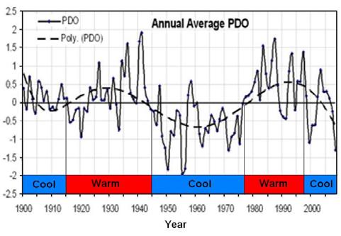 Figure 31. Annual average PDO to 1900. Each warm/cool cycle lasts about 25-30 years and matches global climate changes.