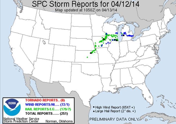Severe Weather Upper Midwest April 12, 2014 A line of severe storms moved through the upper Midwest, producing hail, high winds estimated up to 80 mph Impacts: Widespread property damage and power