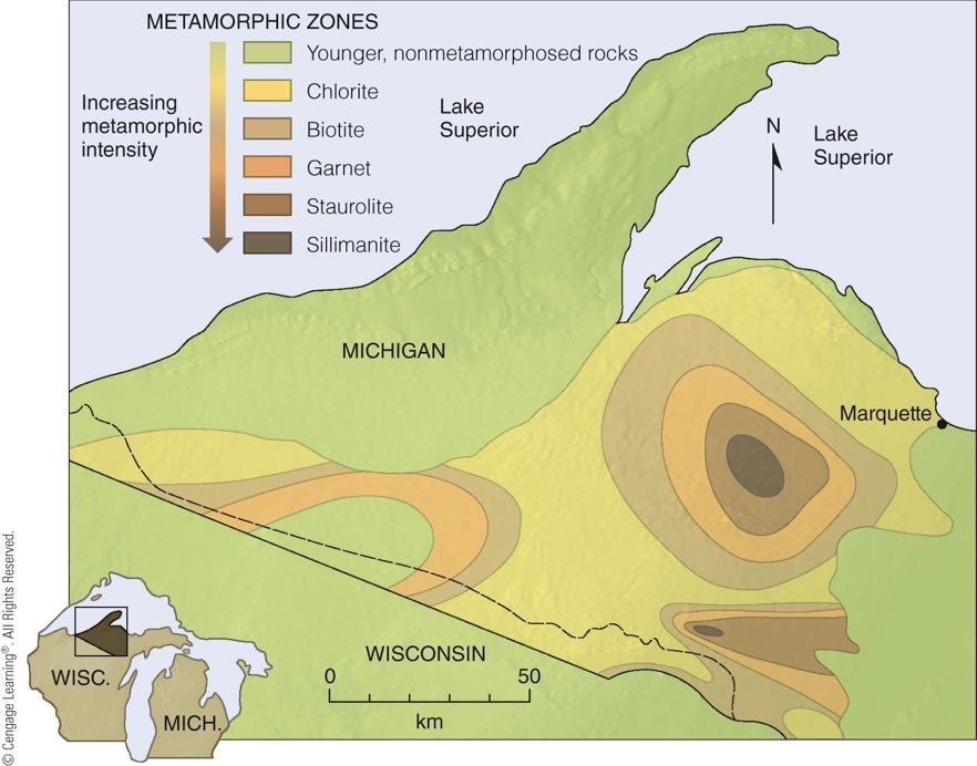 Metamorphic Zones in the Upper Peninsula of Michigan The zones in this region are based on the presence of distinctive silicate mineral assemblages resulting from the metamorphism of sedimentary