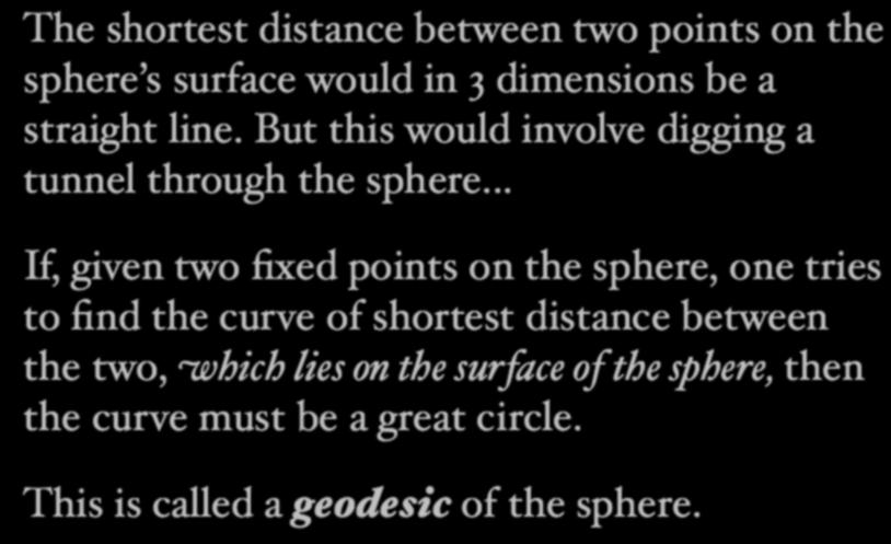 The shortest distance between two points on the sphere s surface would in 3 dimensions be a straight line. But this would involve digging a tunnel through the sphere.